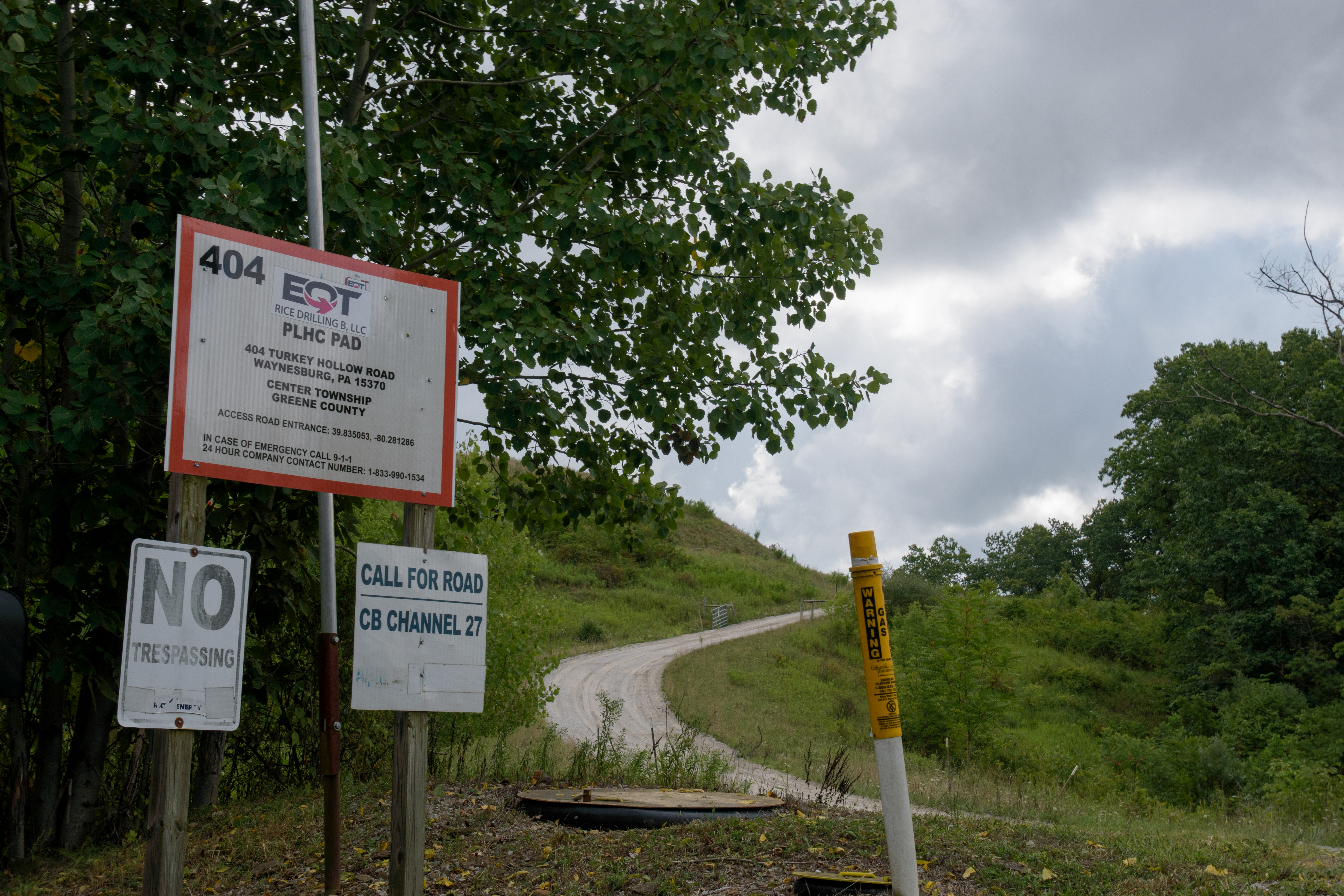 I drove by hundreds of signs like these for the EQT PLHC Pad (left) and Thunder One Well Pad (right). Most well pads themselves aren’t visible from the road, and these signs are often the only indication from the ground that they are there.